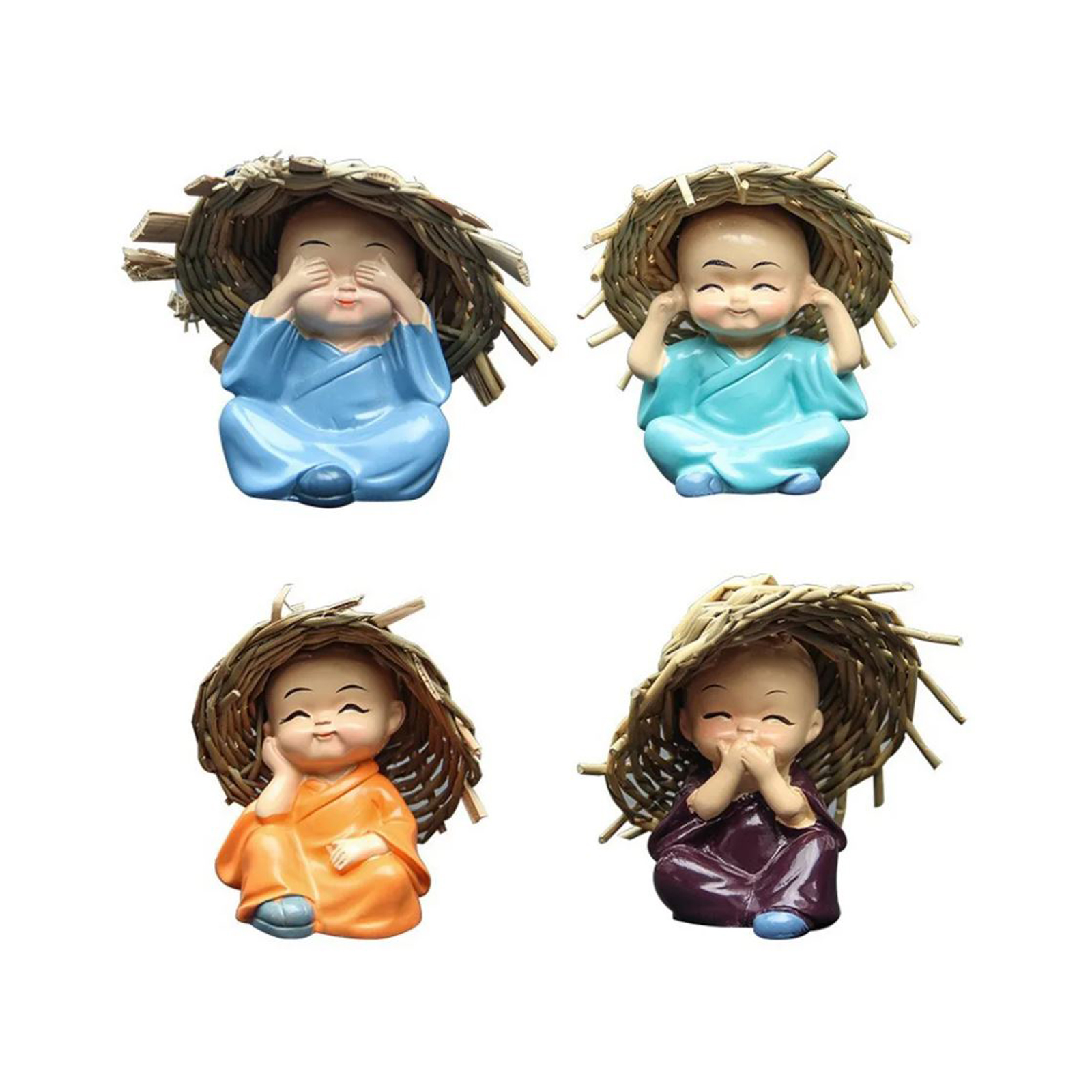 Monk Figurine With Straw Hat Chinese Four Arts' Pose 4pcs, 7cm 1set